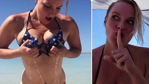 Shhh! The Beach is Crowded!  Public Blowjob & Cum on Tits