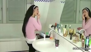 Step-sister gives him a handjob in the bathroom