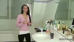 German Step-Sister Caught in Bathroom and Helps with Handjob