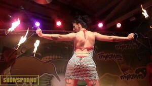 Black-haired and redhead pornstars fakir sex show on stage