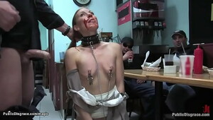 Slave deep throat fucked in restaurant