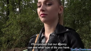 POV babe in leather jacket public fucked outdoor after BJ