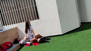Young schoolboys have fuck-fest on the school terrace and are caught on a security camera.